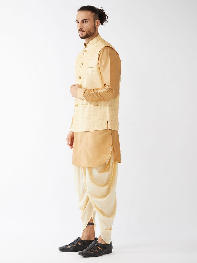 Men's Rose Gold Silk Blend Straight Jacket  Kurta and Dhoti Set