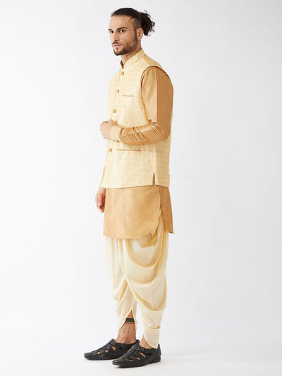 Men's Rose Gold Silk Blend Straight Jacket  Kurta and Dhoti Set
