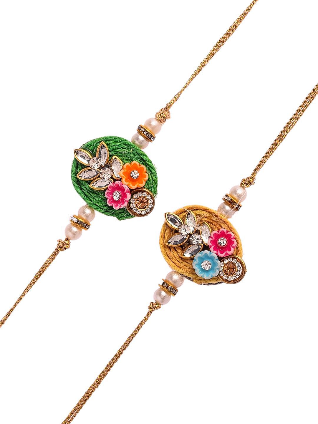 Anouk Set Of 2 Green Beaded Rakhi With Roli Rice & Greeting Card