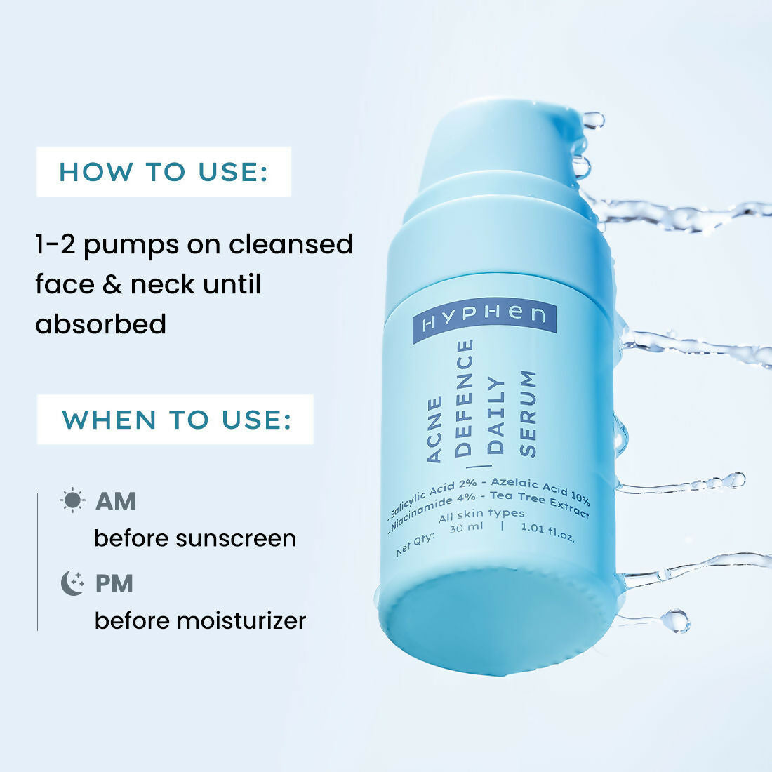 Hyphen by Kriti Sanon acne defence serum with 2% salicylic acid, featuring a dropper bottle for active acne and breakouts.