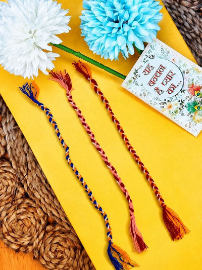 Indyancart Set Of 3 Multicolor Thread Rakhi With Roli Chawal Chandan Mishri