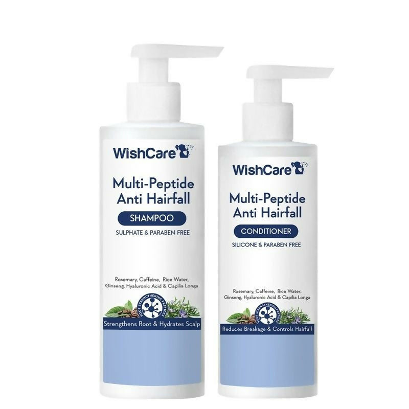 Wishcare Multi Peptide Anti Hairfall Shampoo and Conditioner combo bottles, featuring healthy hair ingredients in sleek packaging