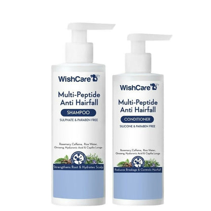 Wishcare Multi Peptide Anti Hairfall Shampoo and Conditioner combo bottles, featuring healthy hair ingredients in sleek packaging