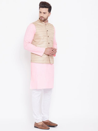 Men's Pink Cotton Blend Straight Jacket  Kurta and Pyjama Set