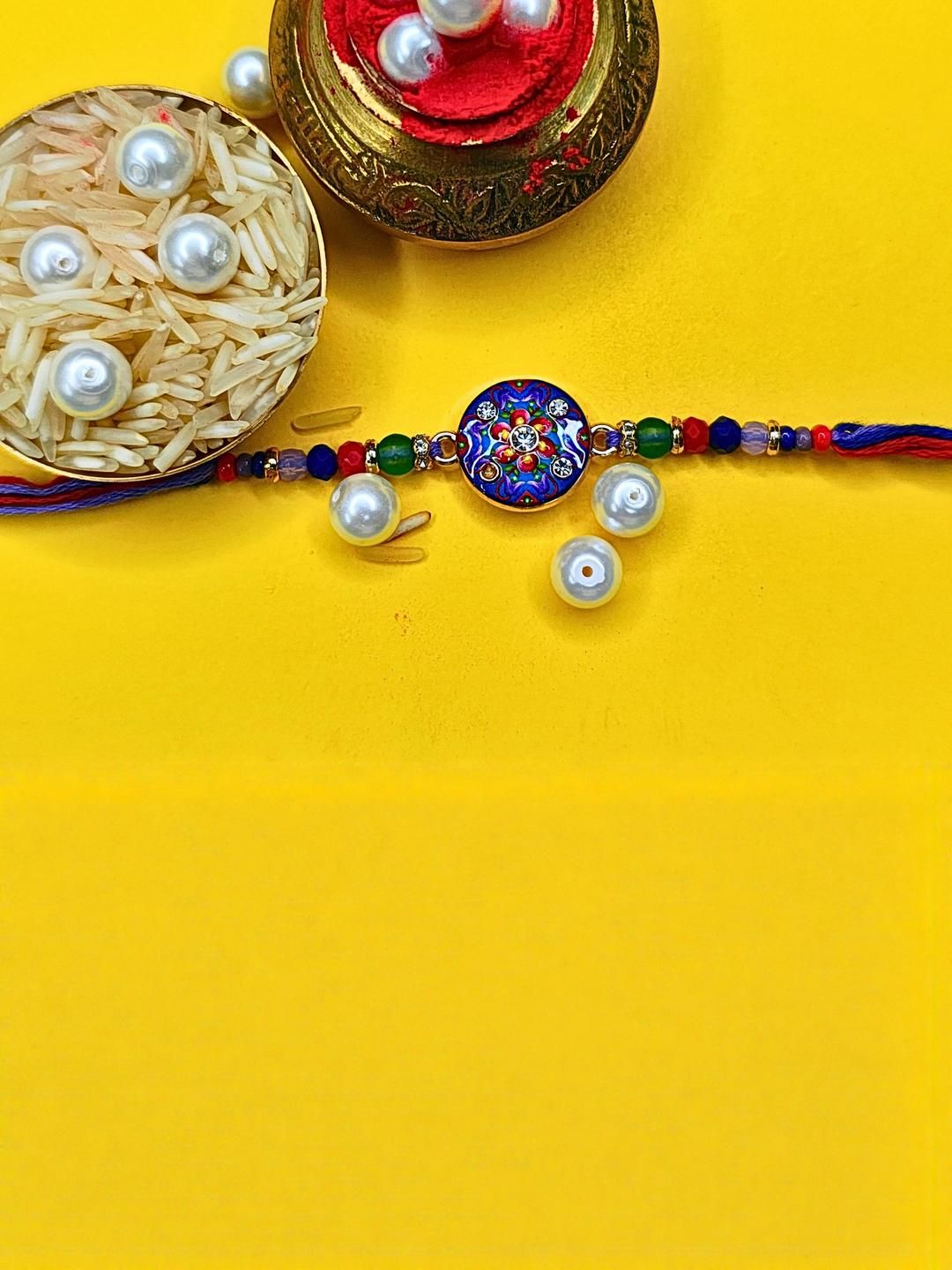 Anouk Set Of 3 Beaded Cotton Thread with AD Stones & Meenakari Designer Rakhi for Brother