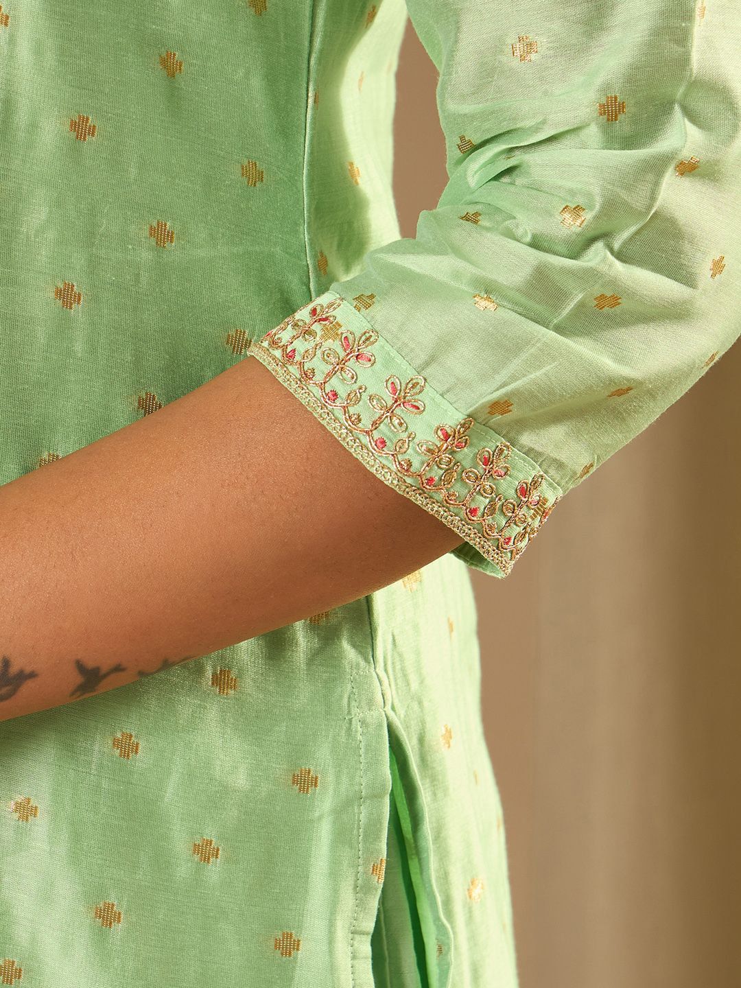 Indyancart IE Floral Embroidered Chanderi Silk Straight Kurta With Trousers & Dupatta