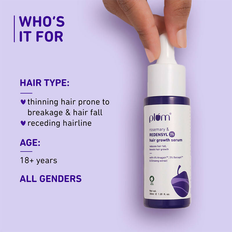 Plum Rosemary & 3% Redensyl Hair Growth Serum bottle with dropper, designed for promoting hair growth and scalp health.