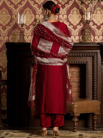 Indyancart IE Ethnic Motifs Zari Embroidered Liva Kurta with Trouser & Dupatta