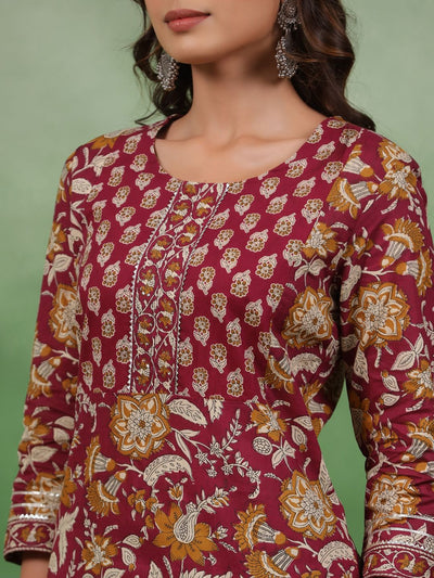 Indyancart SN Women's Maroon Floral Printed Round Neck Pure Cotton Kurta With Trousers & Dupatta