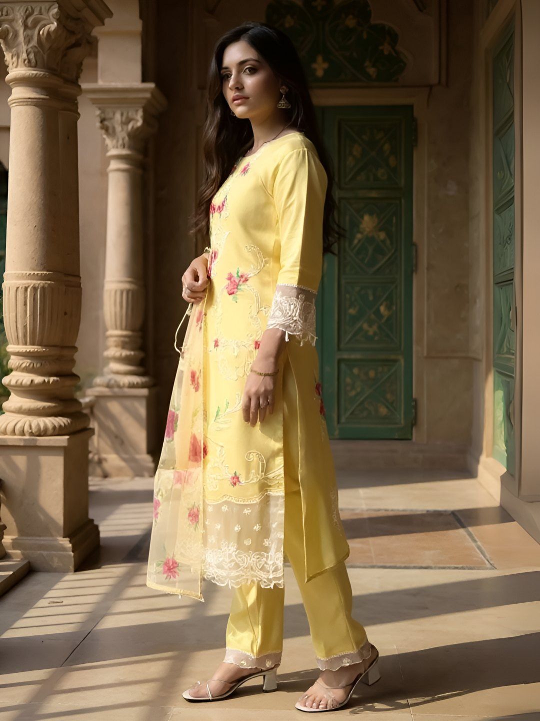 Indyancart IE Women's Women Floral Printed Regular Thread Work Kurta with Trousers & Dupatta