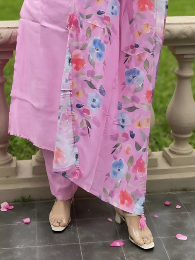 Indyancart IE Women's Floral Printed Mandarin Collar Kurta With Trousers & Dupatta