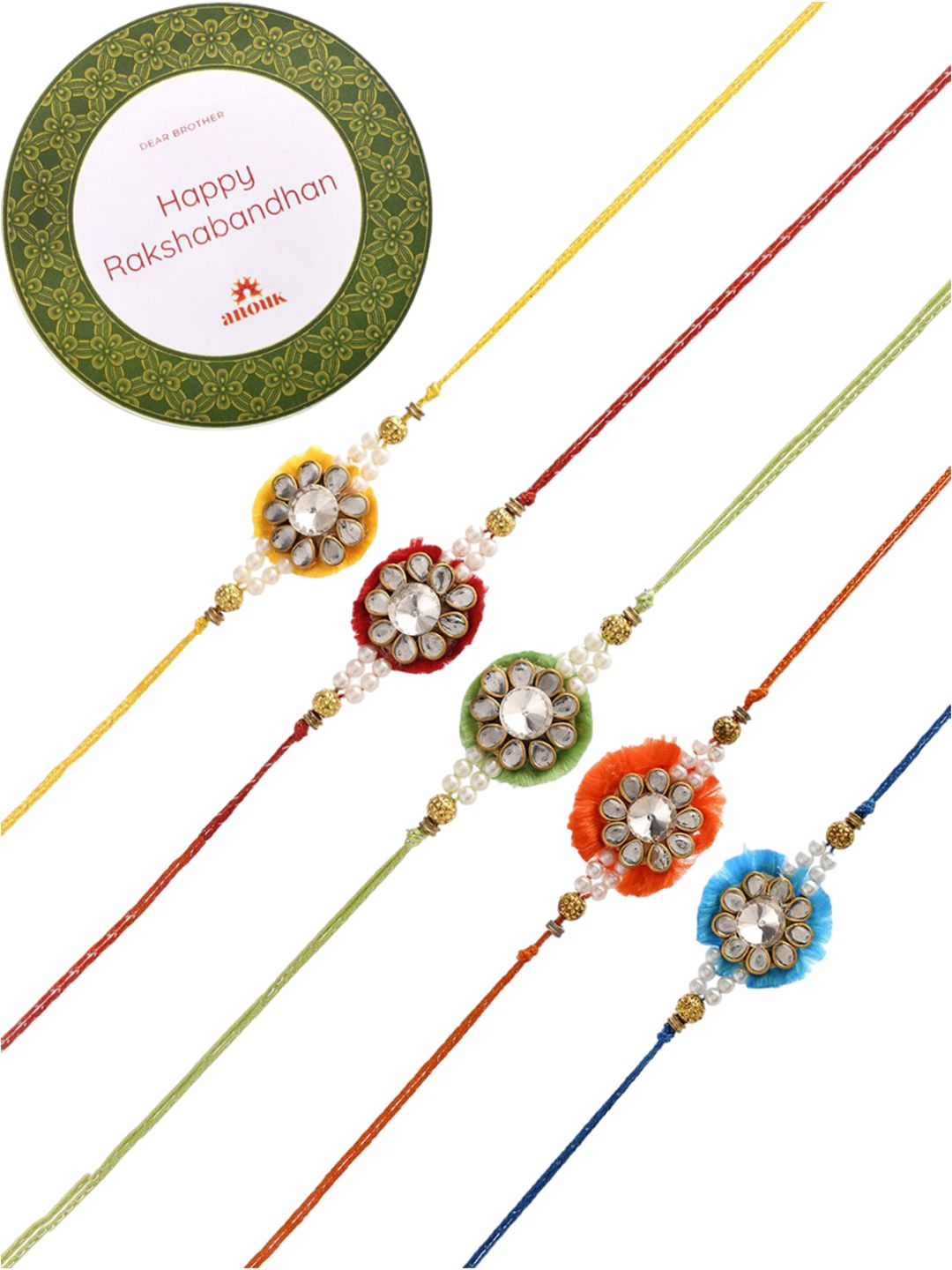 Anouk Green Set Of 5 Kundan & Pearl Beaded Thread Rakhis With Roli Chawal & Greeting Card