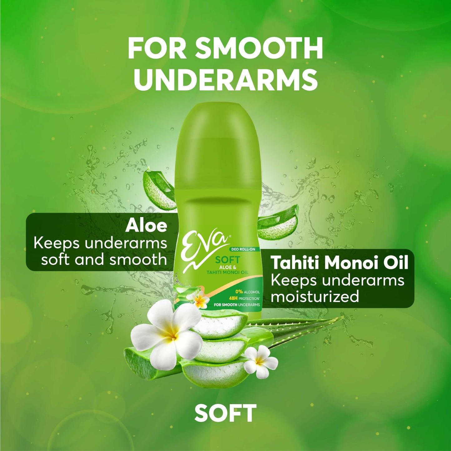 Eva underarm roll-on deodorant in a sleek bottle, designed for bright, fresh, and smooth underarms, alcohol and aluminum free.