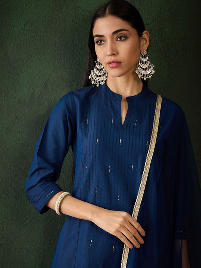 Indyancart SN Women's Navy Blue Stripped Self Design Pintuck Pure Cotton Kurta & Trouser With Dupatta