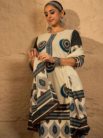 Dhiyona IE Women's Women Abstract Printed Cotton Kurta with Trousers & Dupatta