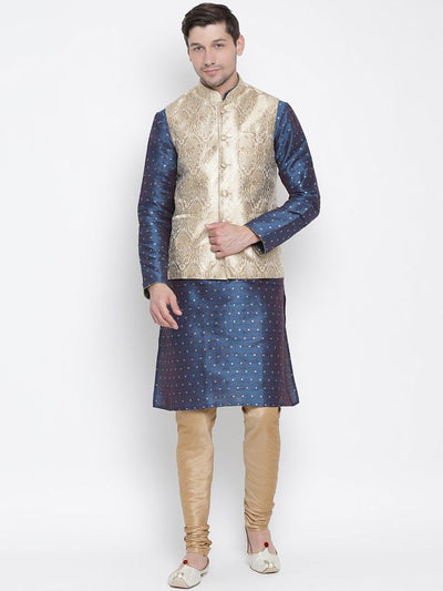 Men's Blue Silk Blend Straight Jacket  Kurta and Pyjama Set