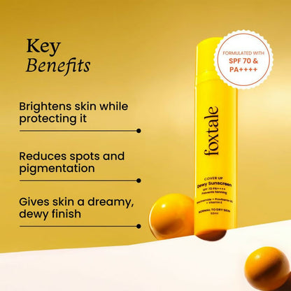 Foxtale Dewy Sunscreen SPF 70 PA++++ with Niacinamide, Vitamin E, and Provitamin B5, showing the sunscreen tube with a dewy finish.