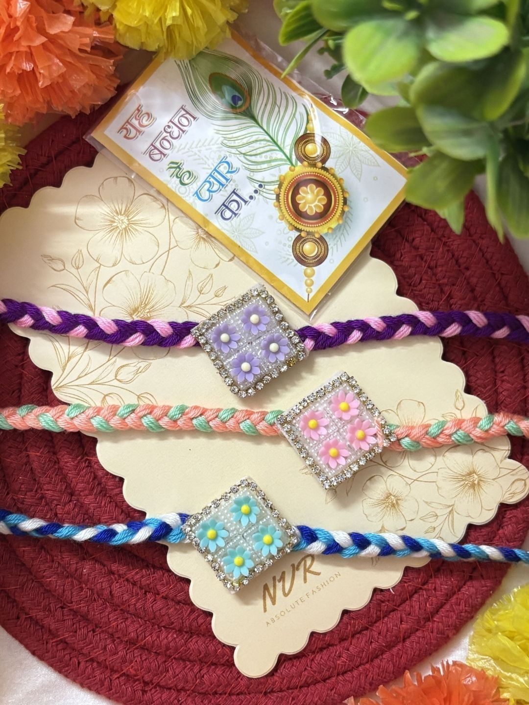 Anouk Set Of 3 Multicolor Ad Thread Rakhi With Roli Chawal Chandan Mishri