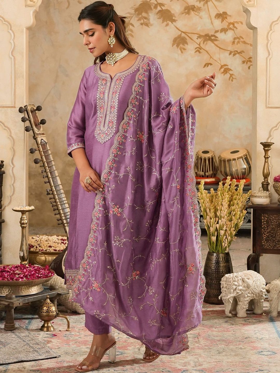 Women Ethnic Motifs Embroidered Regular Kurta with Trousers & With Dupatta