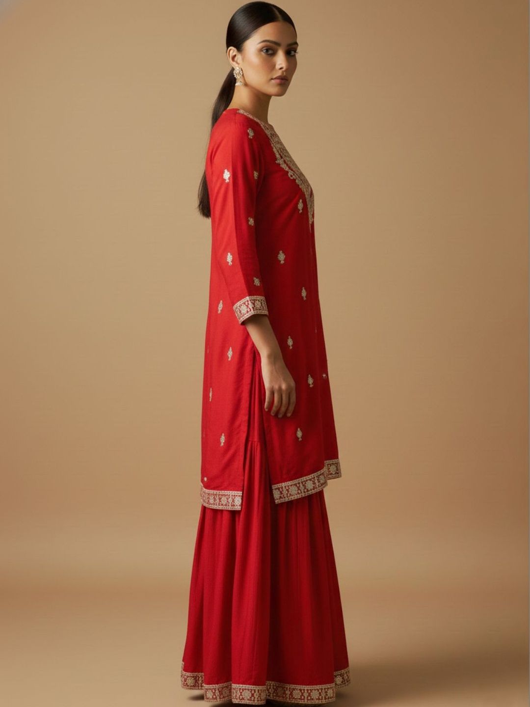 Indyancart VA Women Ethnic Motifs Embroidered Regular Kurta with Sharara & With Dupatta