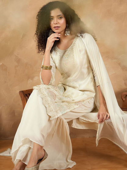 Indyancart VA Women Embroidered Straight Kurta with Sharara & Dupatta