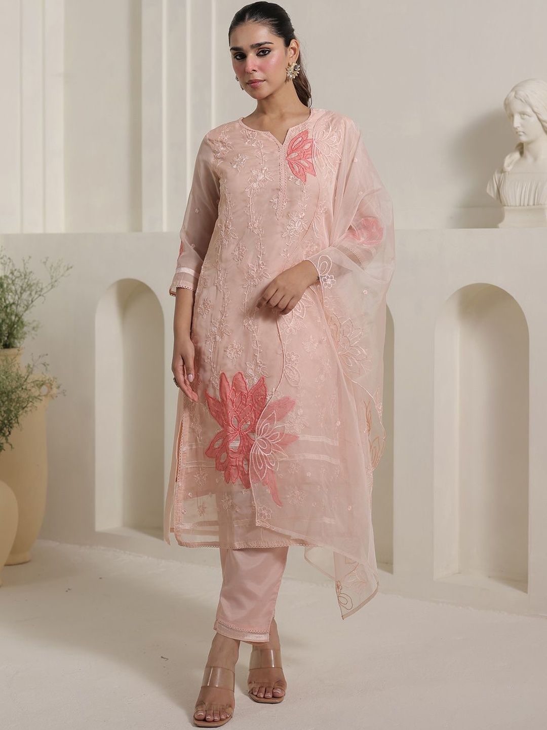 Floral Embroidered Thread Work Organza Straight Kurta With Trousers & Dupatta