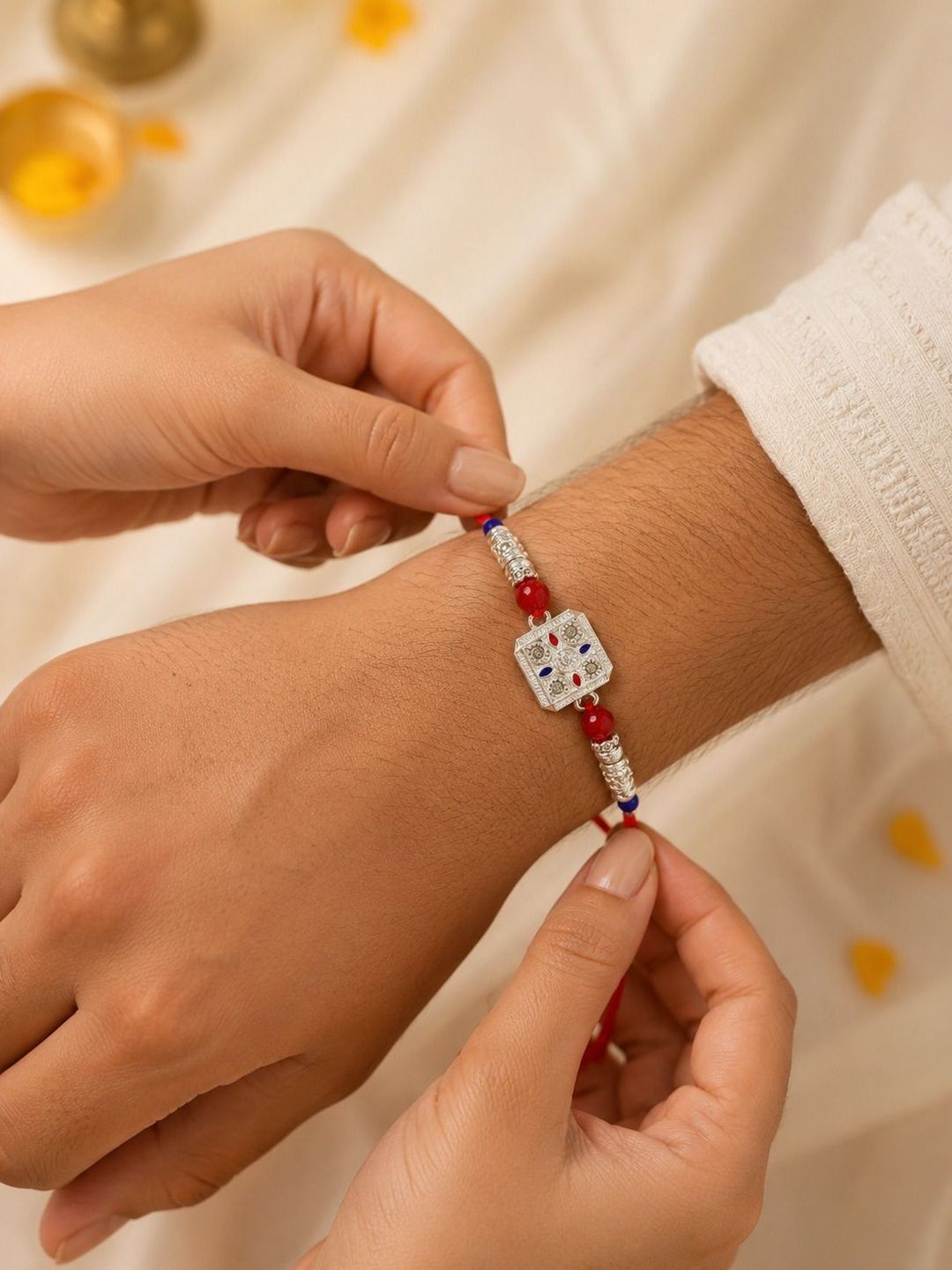 German Silver Stone Studded & Beaded Thread Rakhi Traditional Handmade Rakhi for Brother
