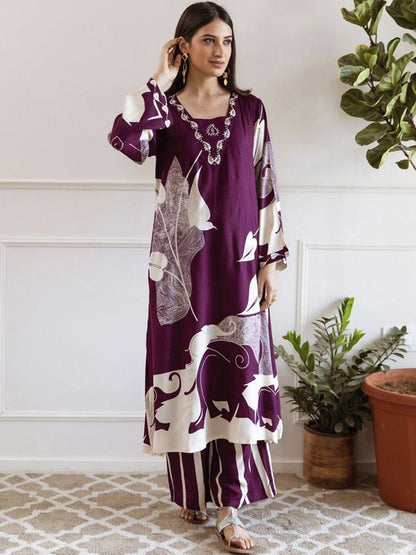 Indyancart IE Printed Beads and Stones Straight Kurta with Trousers