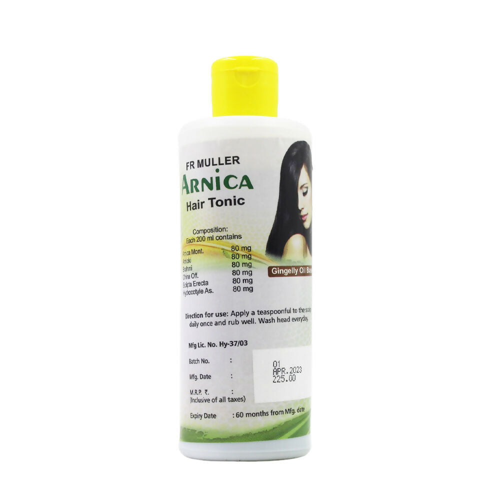 Father Muller Arnica Gingelly Hair Oil bottle with herbal ingredients and dropper cap, suitable for nourishing hair and scalp.