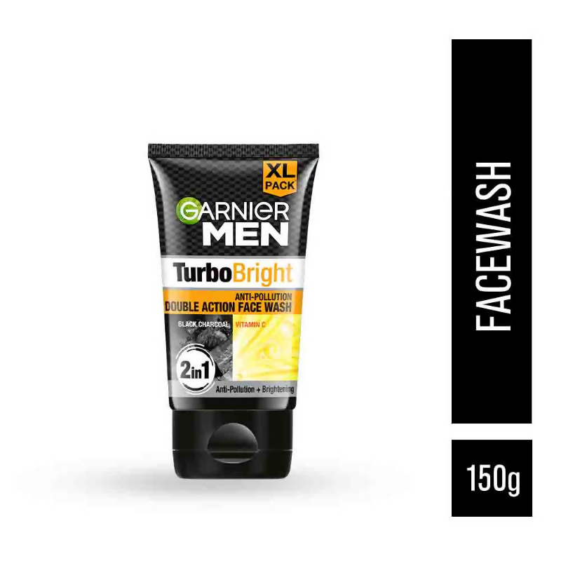 Garnier Men Turbo Bright Anti-Pollution Double Action Face Wash for men, showing the product bottle with branding and label details.