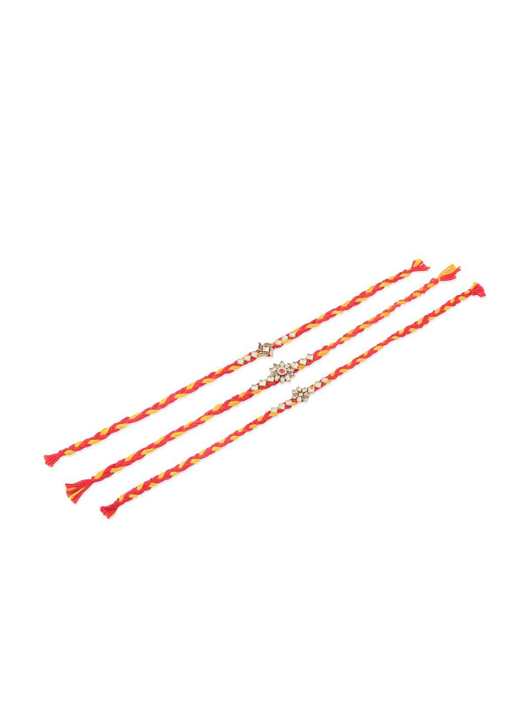 Anouk Men Set Of 3 Red & Yellow Kundan Studded Floral Design Thread Rakhi With Roli Chawal