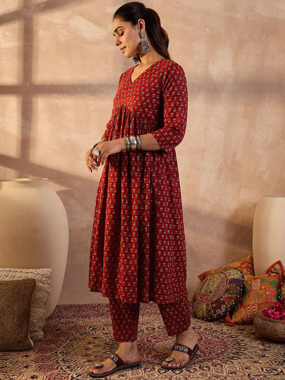 Dhiyona IE Floral Printed V-Neck Pure Cotton Tunic With Trousers