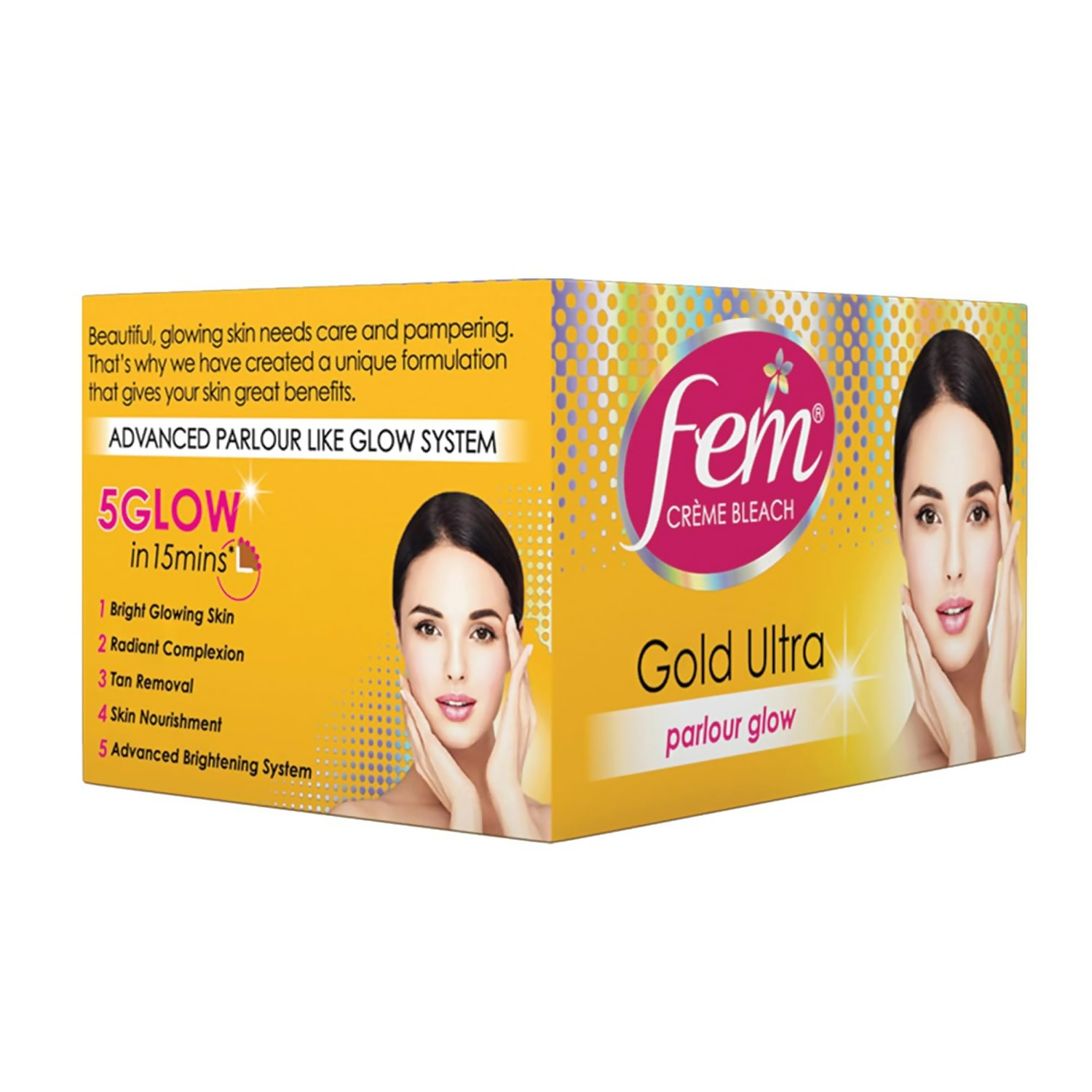 Fem Fairness Gold Ultra Face Cream Bleach in a jar, showing the creamy white texture and gold packaging for skin lightening.