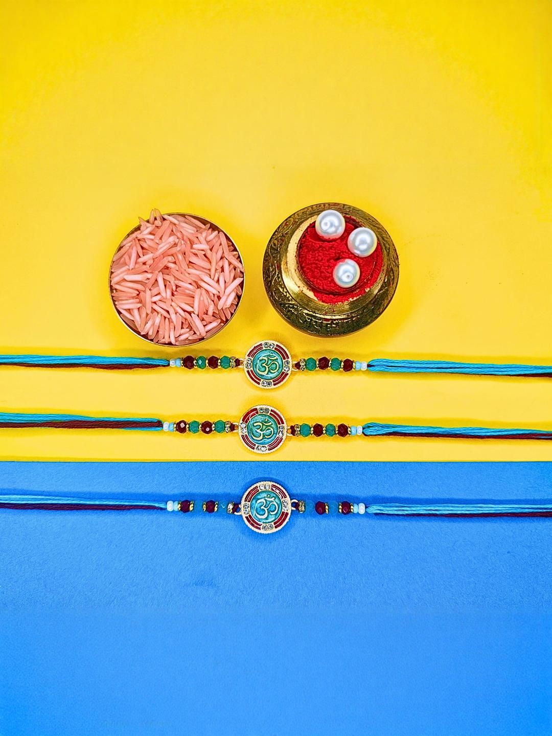 Anouk Set Of 3 Beaded Cotton Thread with AD Stones & Meenakari Designer Rakhi for Brother