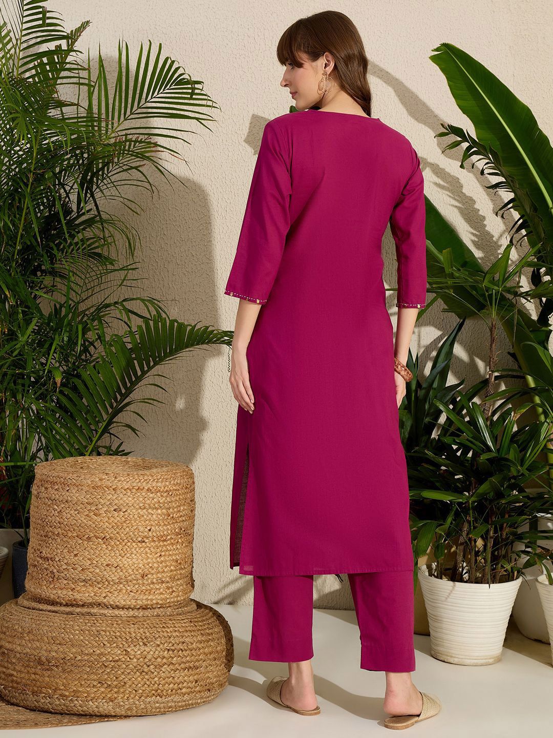 Indyancart IE Embroidered Round Neck Straight Pure Cotton Kurta & Trousers