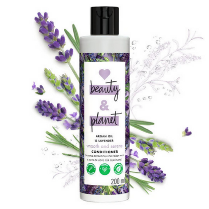 Love Beauty and Planet argan oil and lavender anti-frizz hair serum, shampoo, and conditioner set with hair masks for frizz control.