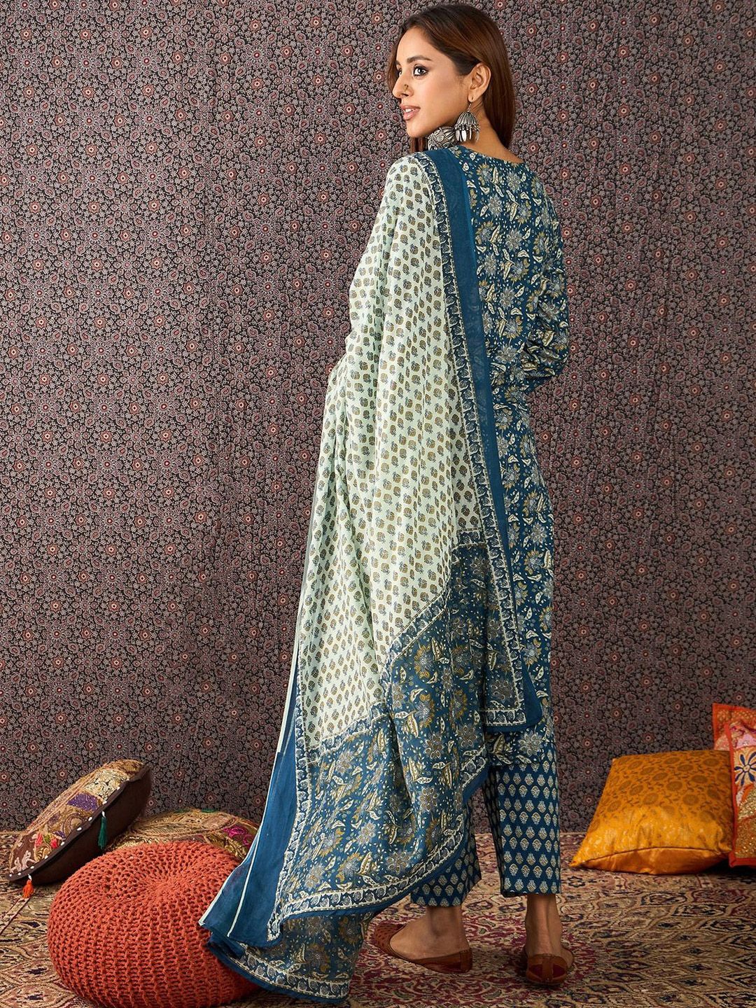 Women Ethnic Motifs Printed Cotton Kurta with Trousers & Dupatta