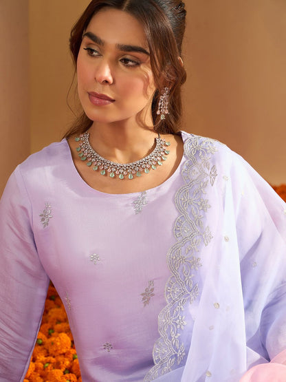 Indyancart IE Floral Embroidered Round Neck Zari Straight Kurta With Trousers & Dupatta