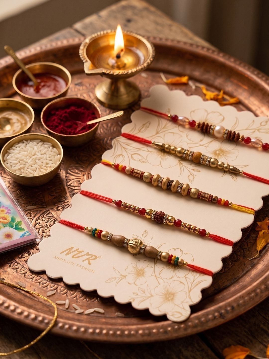 Anouk Set Of 5 Multicolor Designer Thread Rakhi With Roli Chawal Chandan Mishri