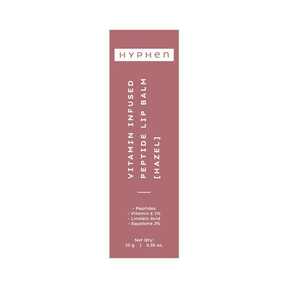 Hyphen by Kriti Sanon hazel vitamin-infused peptide lip balm showing smooth, hydrating lips with a sleek packaging design.