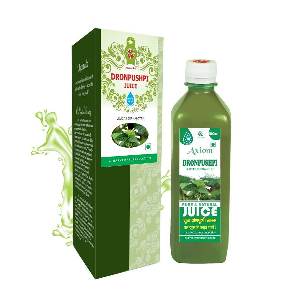 Axiom Dronpushpi Ayurvedic drink bottle with green label and cap, showcasing the herbal juice inside.