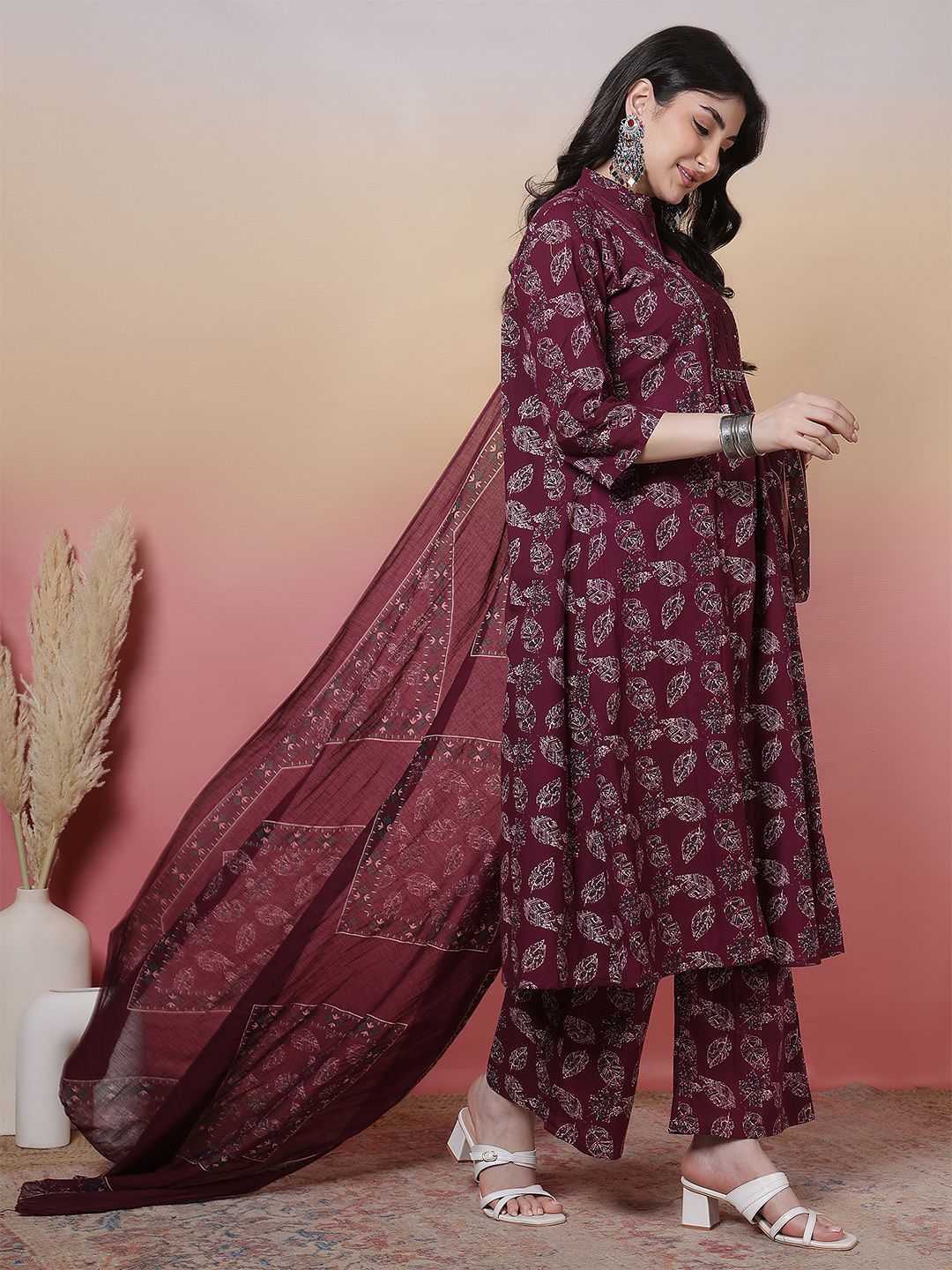 Indyancart SN Women's Floral Printed Mandarin Collar Pure Cotton Anarkali Kurta With Trouser & Dupatta