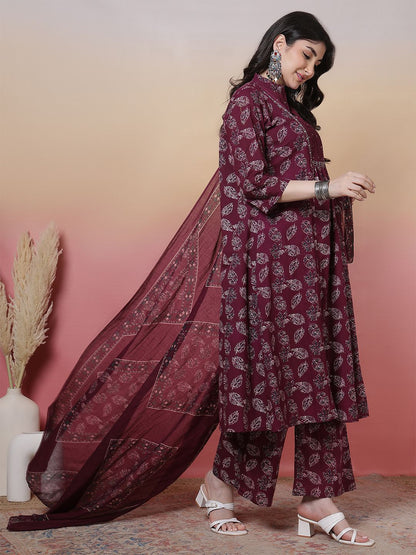 Indyancart SN Women's Floral Printed Mandarin Collar Pure Cotton Anarkali Kurta With Trouser & Dupatta