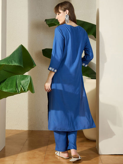 Indyancart IE Embroidered Round Neck Tunic With Trousers