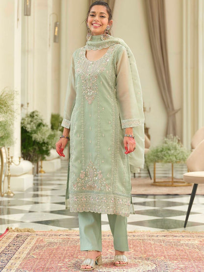 Ethnic Motifs Embroidered Round Neck Straight Kurta With Trousers & Dupatta