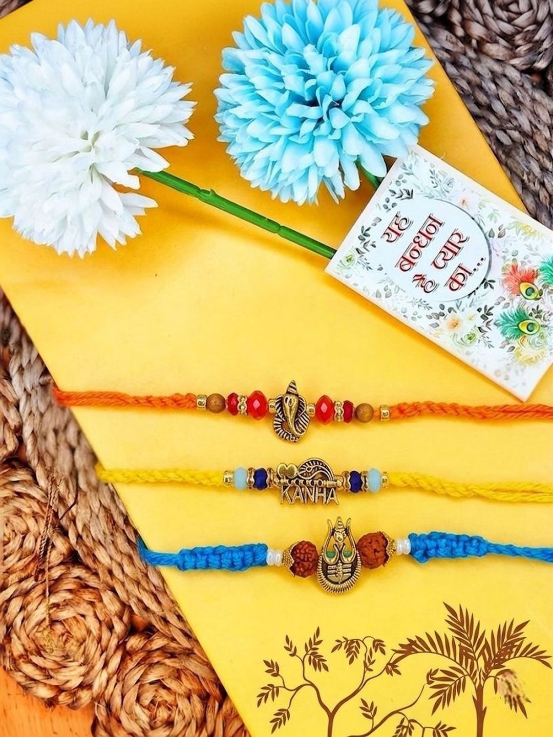 Anouk Set Of 3 Rudraksh Religious Rakhi Thread Rakhi Roli Chawal Chandan Mishri