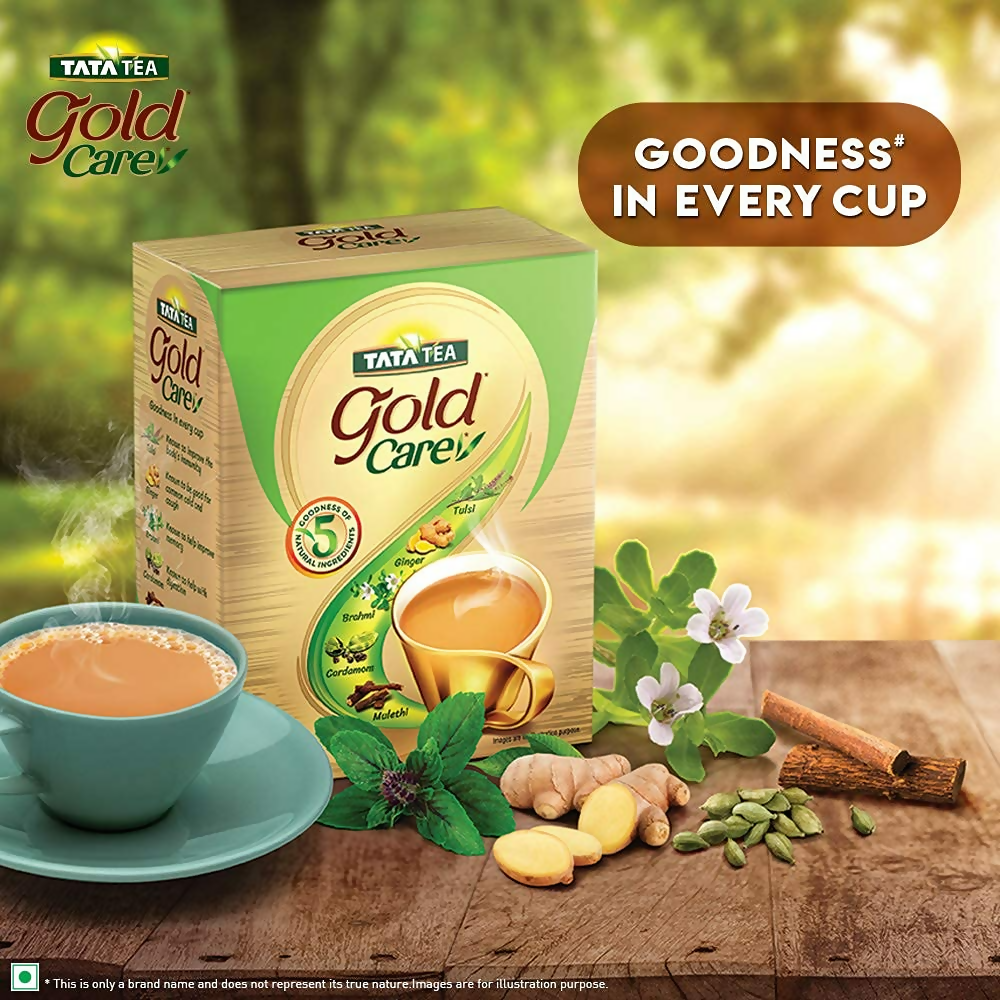 Tata Tea Gold Care Goodness tea powder in a container, showcasing the brand's premium tea product with a golden label.