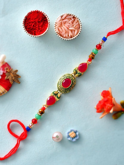 Anouk Gold-Toned Kundan-Studded & Beaded Rakhi With Roli Chawal & Greeting Card