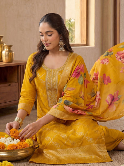 Indyancart IE Women Regular Thread Work Kurta with Palazzos & With Dupatta