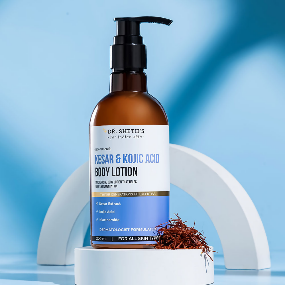Dr. Sheth's Kesar & Kojic Acid Body Lotion bottle with a white cap and label, displayed against a plain background.